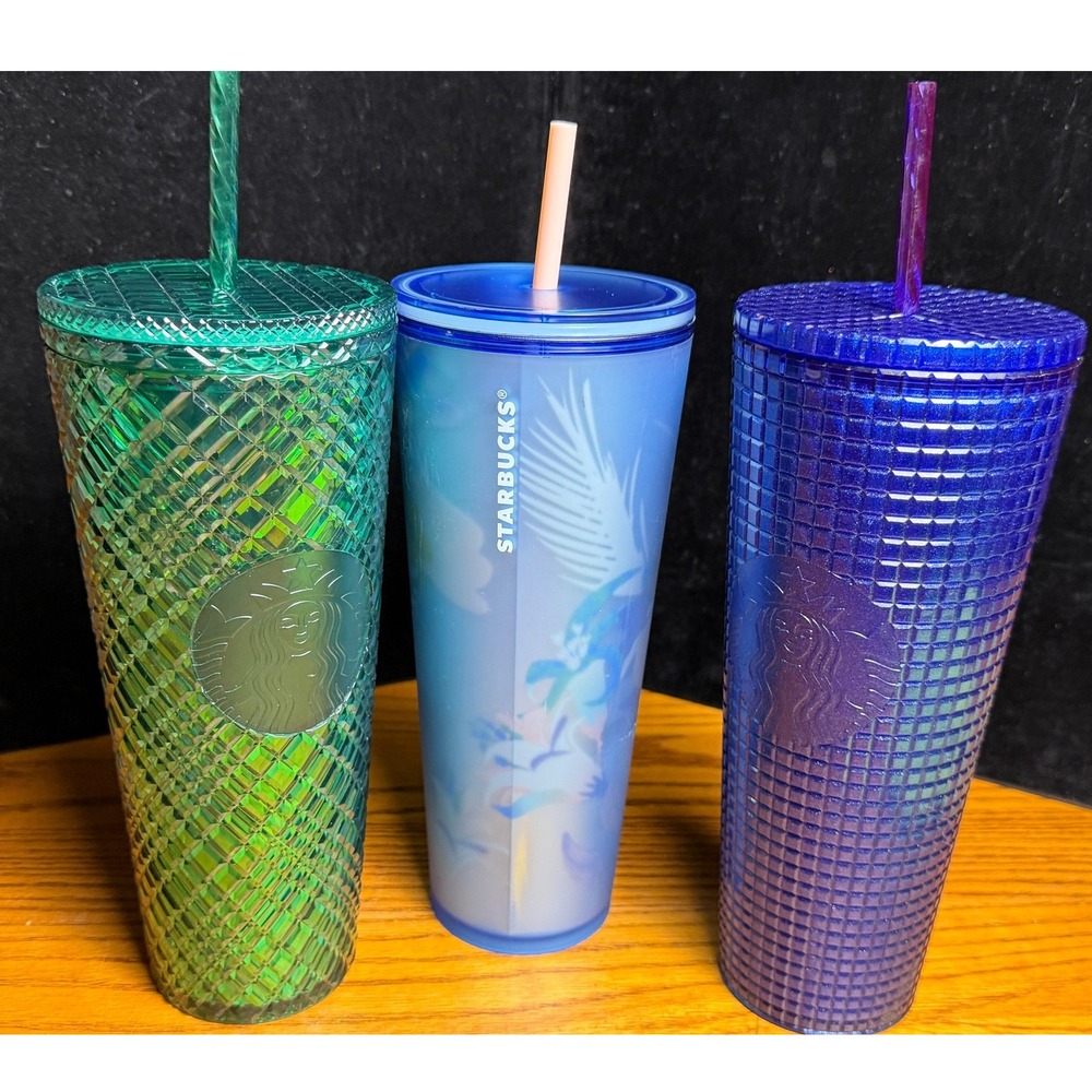 Starbucks 24oz Venti Tumbler Lot 3-Green Blue Studded Grid Floral Cold Cups
